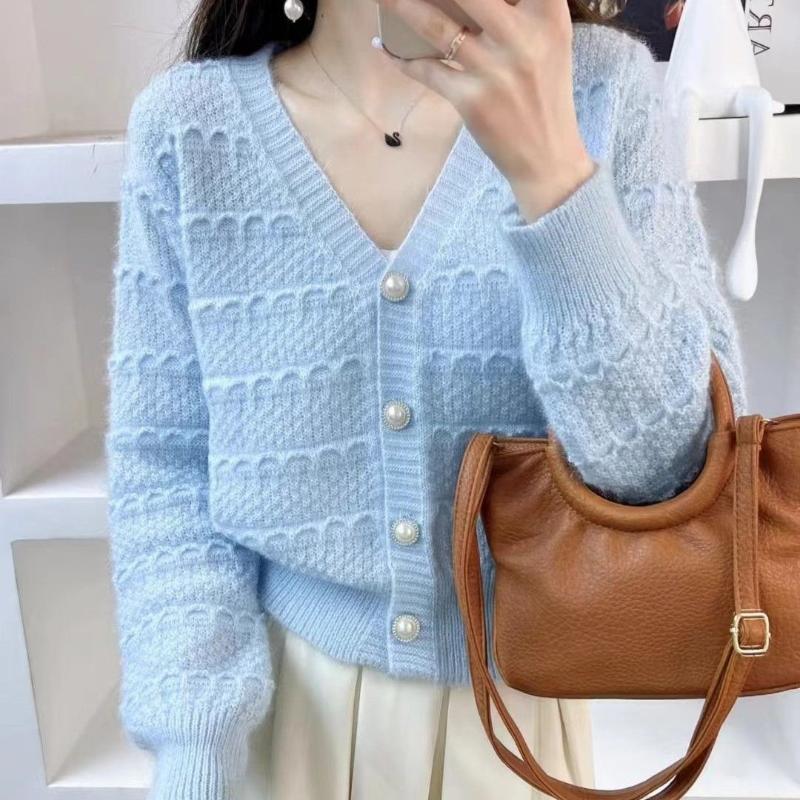 Кардиган-свитер 2023, весенне-осенний однотонный вязаный кардиган с v-образным вырезом, пальто, женский корейский свободный и тонкий мягкий восковой кардиган, топ