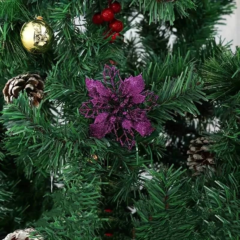 10pcs/set Christmas Glitter Flower 10cm Gold Silver Red Artificial Floral Head Xmas Tree Decoration Home New Year Navidad Gifts