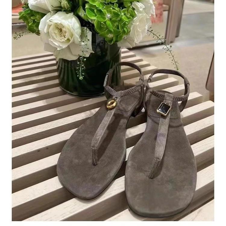 Sheepskin version~ Retro metal buckle toe flat sandals versatile simple word with Roman beach cool slippers women