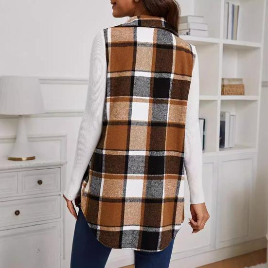 Женский жилет весна-осень с отложным воротником и клетчатым принтом, без рукавов, свободный однобортный жилет средней длины, пальто, верхняя одежда для школы и поездок на работу