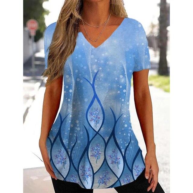 Летняя женская футболка с 3D цветочным принтом, красивая футболка с v-образным вырезом и коротким рукавом, трендовая модная футболка для женщин, уличная