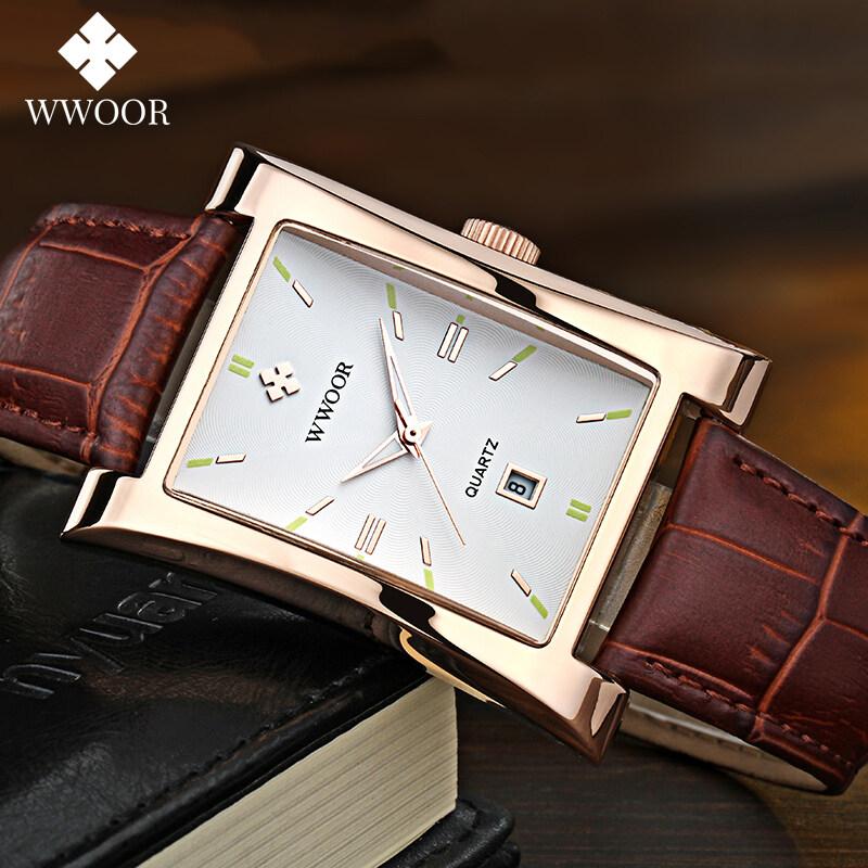 WWOOR Classic Fashion Mens Rectangle Watches Male Gold Brown Leather Quartz Waterproof Wrist Watch