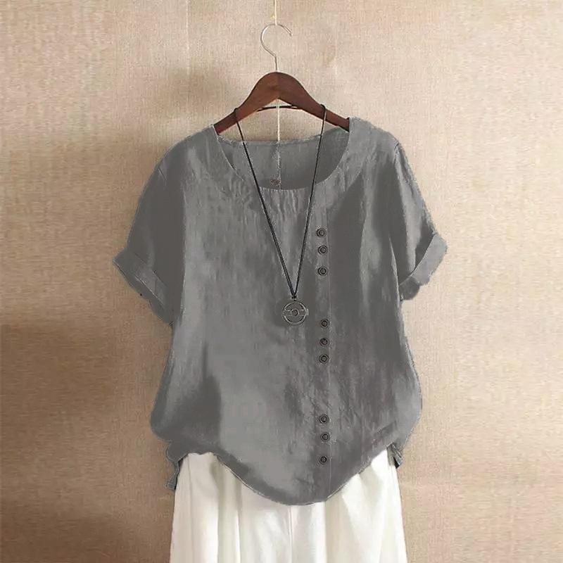 Women Loose Casual Tops Button Linen Daily Boho Tunic T-shirt Short Sleeve Blouse