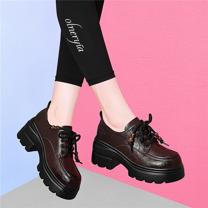 Золотой Кролик 2025 Осень Женские Кожаные Лоферы на шнуровке в британском стиле с круглым носком