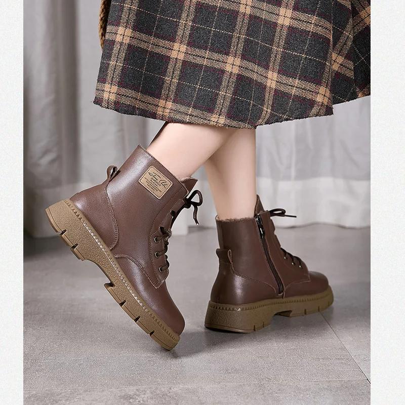 Johnature Женские ботинки из натуральной кожи, хлопковая обувь, коровья кожа, плюшевые теплые, с круглым носком, на толстой подошве, короткие ботинки