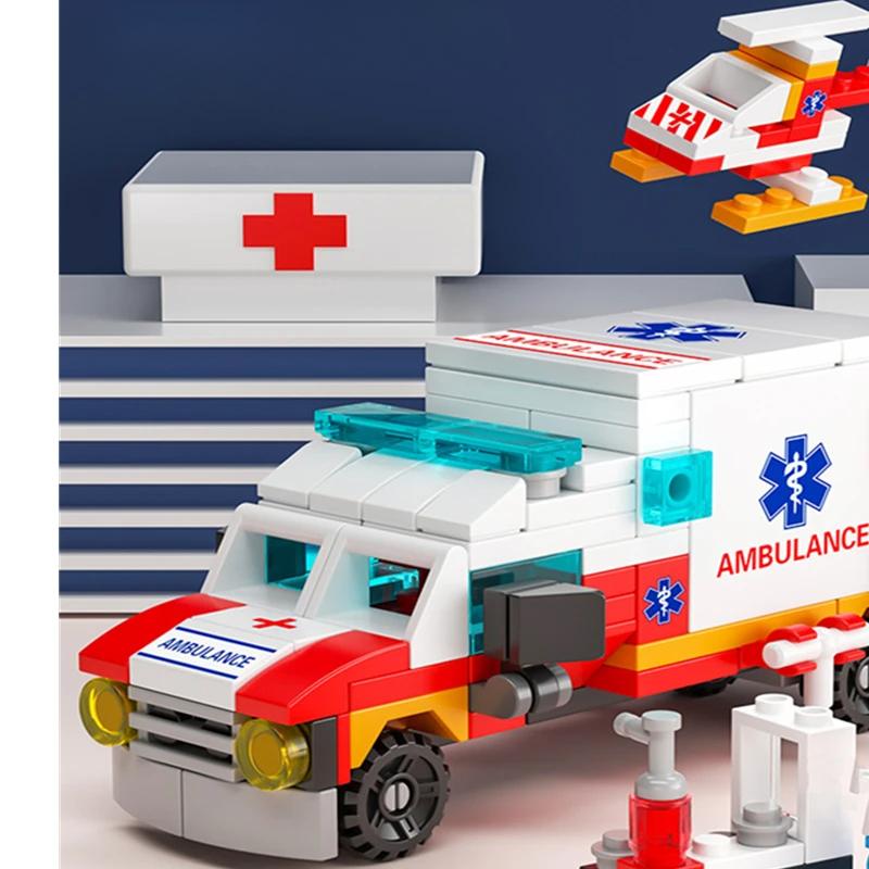 6in1 NEW Ambulance Escort Car Helicopter Paramedic Doctor Mini Loader Truck Classic Model Building Blocks Sets Bricks Toy City