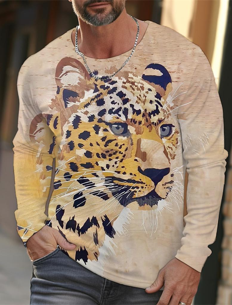 Мужская футболка с длинными рукавами, 3D-печать, HD-принт с леопардовым принтом, мужская футболка с длинными рукавами, осенние топы, повседневная домашняя одежда с круглым вырезом