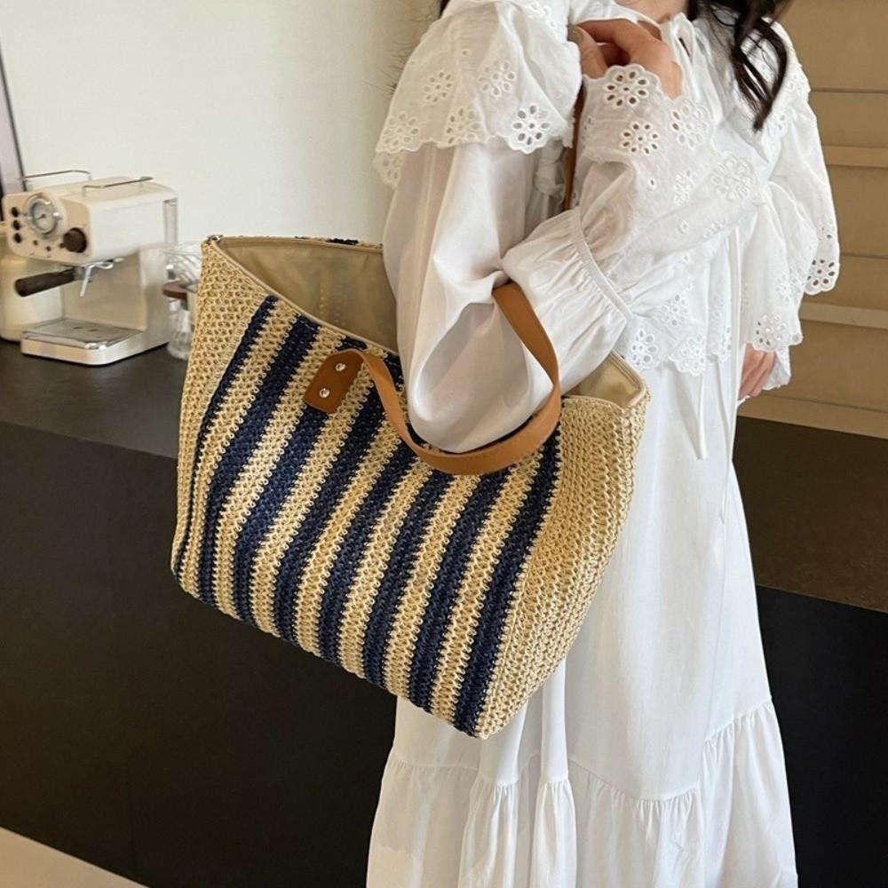 Striped Weave Tote Bag Breathable Summer Beach Bag Casual Women Shopping Handbag Women