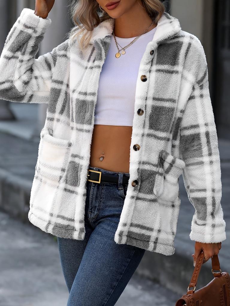 Women'S Plaid Check Faux Fur Coat with Double Pockets - Stylish Fall/Winter Outerwear, Button-Up, Fall Winter Coat | Check Pattern Coat