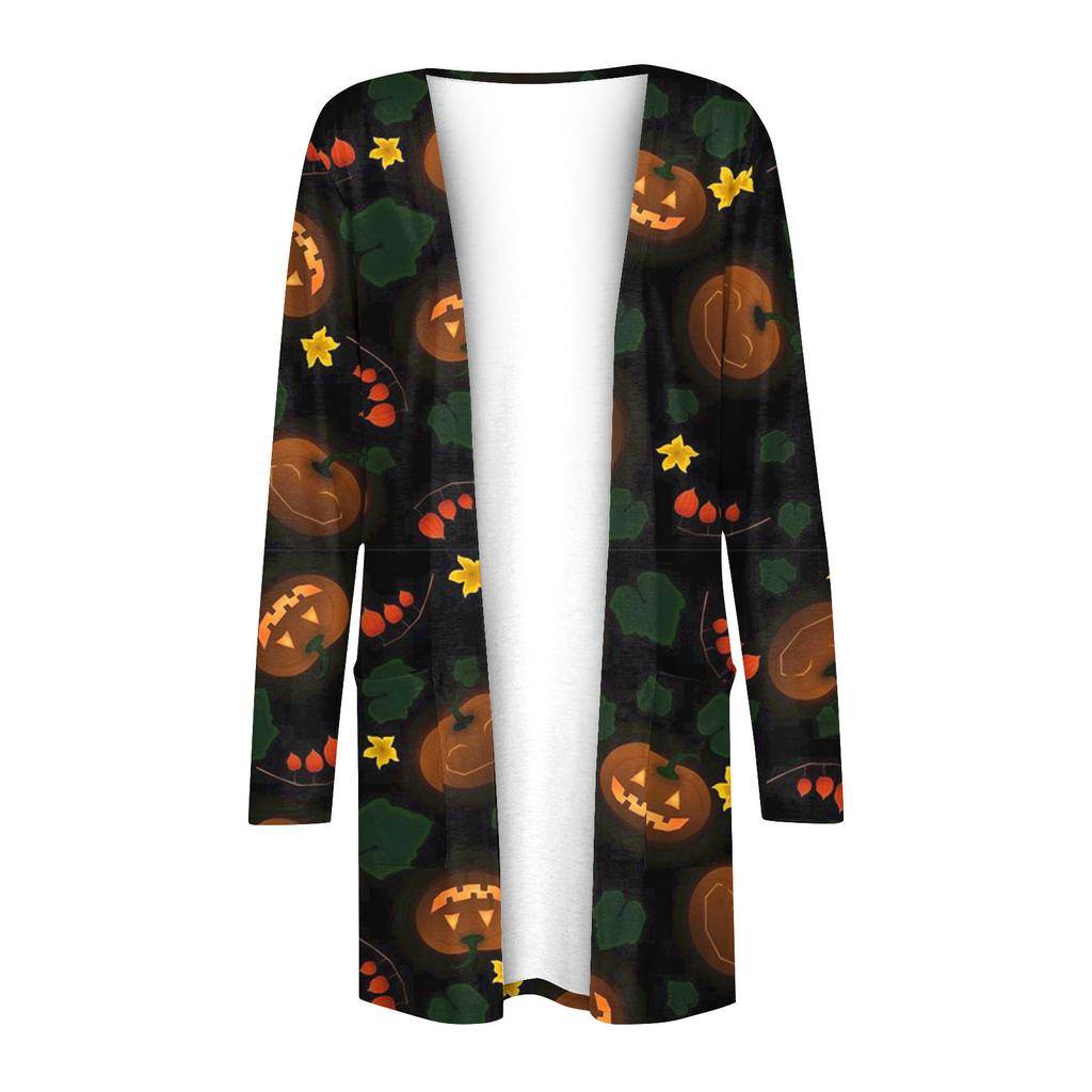 Женская мода, повседневный кардиган с принтом на Хэллоуин, средней длины, с длинными рукавами, пальто