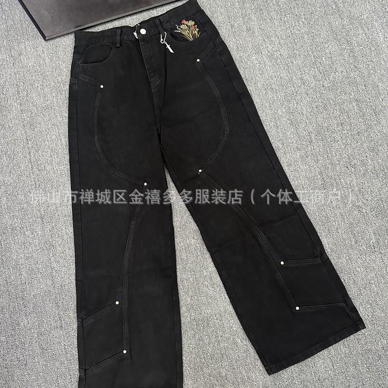 Mens Loose Straight Leg Denim Pants With Floral Knight Embroidery Mid-Rise Casual Jeans Streetwear