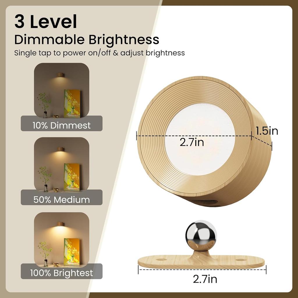 Koopala LED Sconces, Wall Mounted Lamps with Rechargeable Battery Operated USB Port 3 Color Temperatures & 3 Brightness Levels 360°Rotate Magnetic