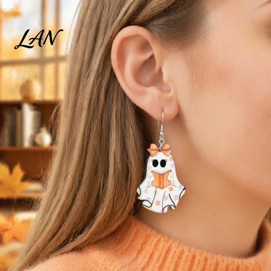 Comfortable Daily Earrings Cute Reading Ghost Earrings, Sweet Bowknot Drop Lightweight Acrylic Halloween Jewelry for Women Girls Dangle