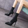 2024 модные короткие остроносые сапоги кожаные сапоги на шпильке замшевые однотонные сапоги с рукавами женские одинарные сапоги осень и зима