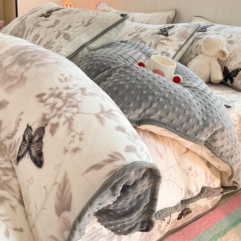 Thickened Milk Fleece Bed Cover Four-Piece Warm Bean Fleece Quilt Cover Coral Fleece Bedding Fleece