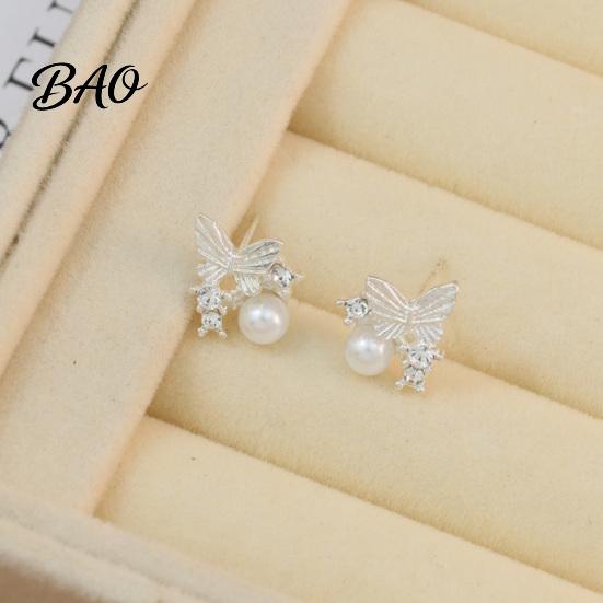 Sparkling Rhinestone Earrings 1 Pair Butterfly Stud for Women, Sparkly Faux Pearl Dainty Gold Tone Earrings, Glitter Cubic Zirconia Jewelry