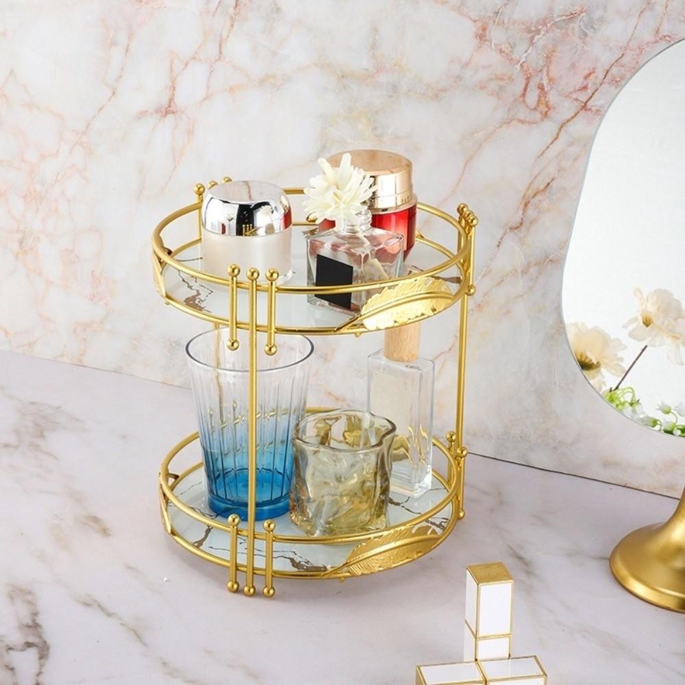 Gold Plated Makeup Organizer 2 Tier Cosmetics Storage Rack For Vanity Dresser Tabletop