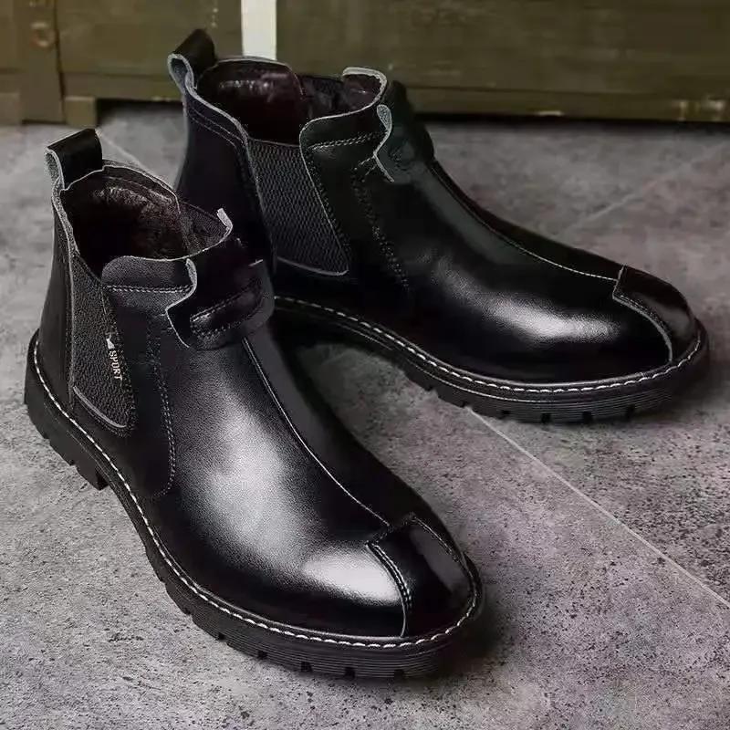 Fashion High Quality Retro Men Ankle Boots British Chelsea Business Casual Leather Shoes Fashion Comfortbale Thick Sole Work Boots Botas