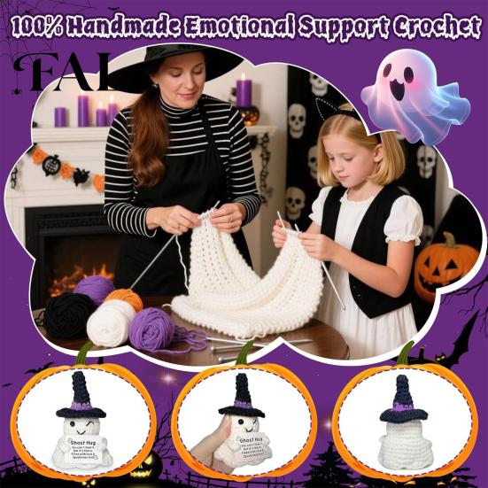 Mini Knitted Ghost Doll Hand Halloween Ornament, Crochet Plush with Tactile Comfort Sensory Toy Encouragement Card, Cute Desktop Decoration