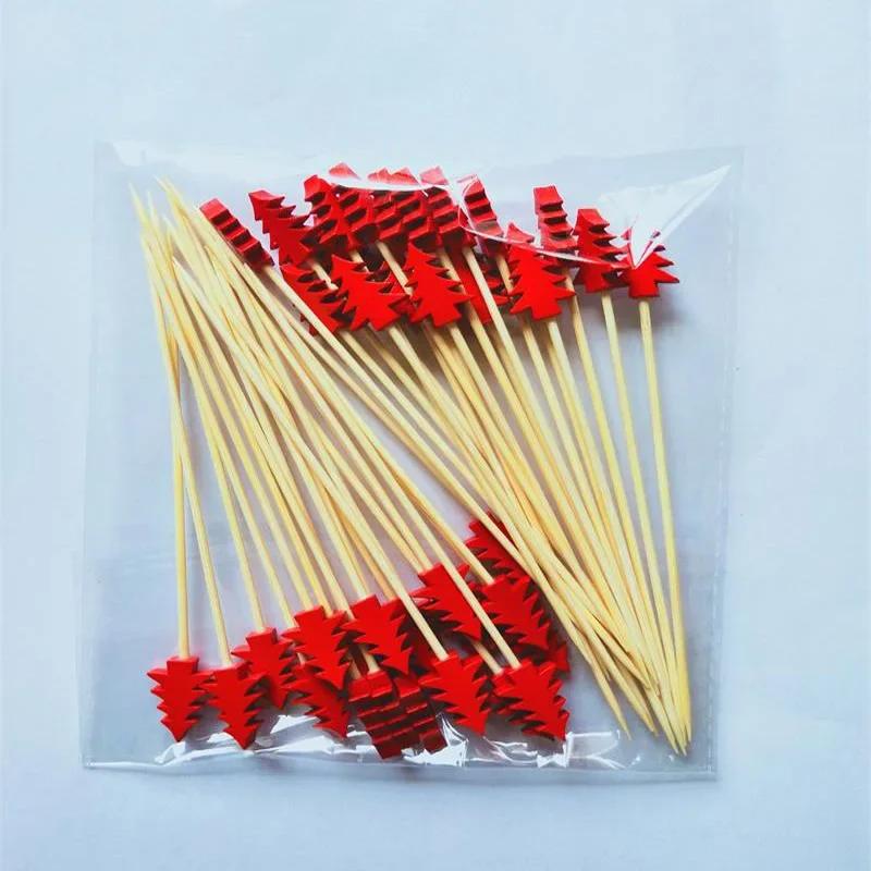 50Pcs Disposable Christmas Bamboo Sticks Creative Santa Claus Xmas Tree Decor Fruit Toothpicks for Cake Dessert Salad Party