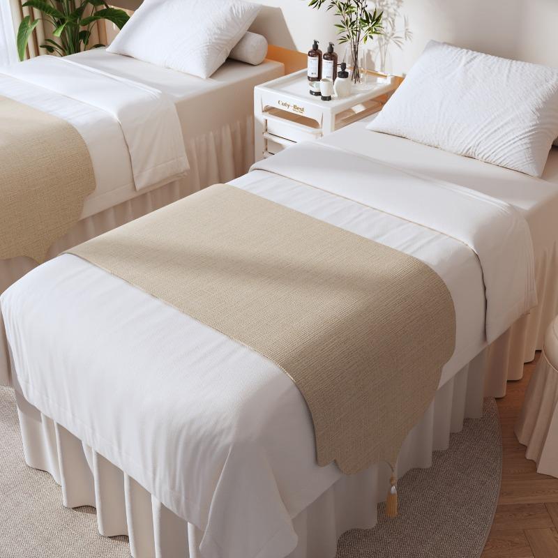 Beauty Salon Chinese Bed Flag Dust Proof Bed Cover Massage Foot Massage Bed End Towel Zen Inspired Decorative Long Bed Blanket Tassel Linen Fabric