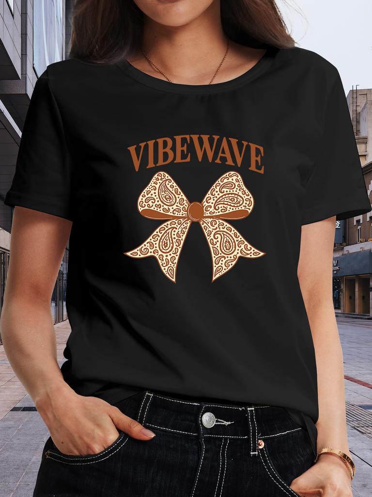 Women'S Bow "VIBE WAVE" Letter Print Short-sleeved Shirt Moderate Elasticity, Machine Washable, Crew Neck, Regular Fit, Summer 2026 New Style