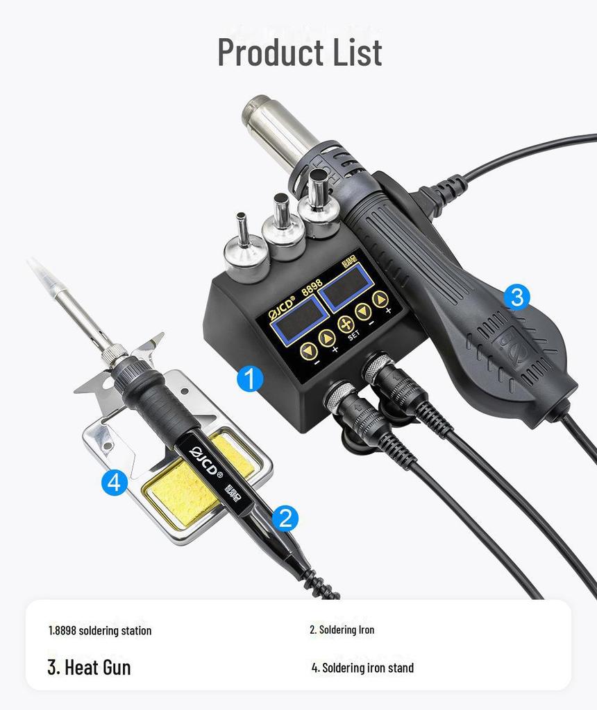 JCD 8898 Двухэкранная высокомощная станция для термофена и паяльника, настенное исполнение с постоянным контролем температуры.