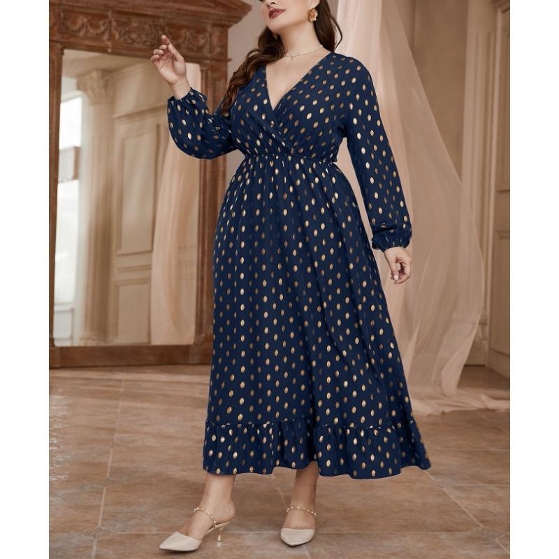 Плюс Размер Женщин Высокая Талия Горошек Новое Платье Эластичный Пояс Принт