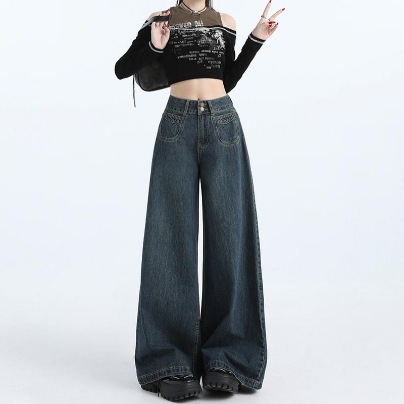Ретро Повседневные Широкие брюки Модный Осенне-зимний Новый стиль Драпированные До пола Универсальные Прямые джинсы Женские брюки