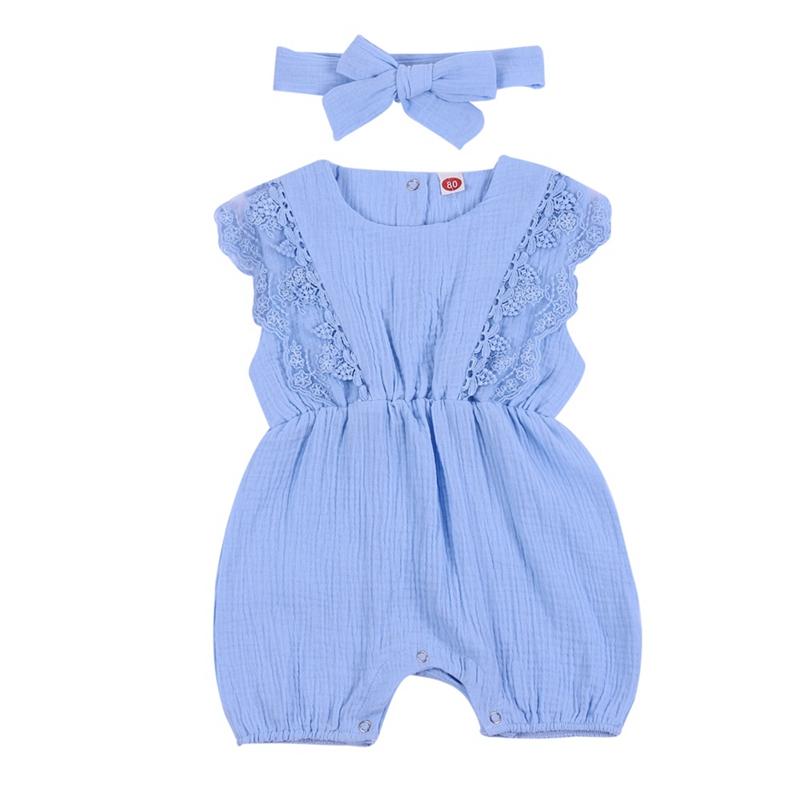 Summer Baby Girl Rompers Baby Solid Lace Design Clothes Linen Ruffles Toddler Flare Sleeve Jumpsuit Headband One-Pieces