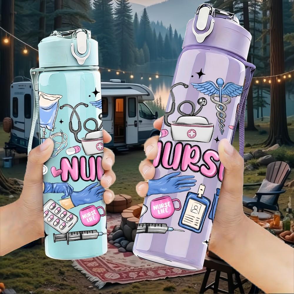 1PC Messy Nurse Work Doodle Cartoon Print 750ml Color Plastic Sports Water Bottle Leakproof Flip Straw Lid Suitable for Sports Office Home Use