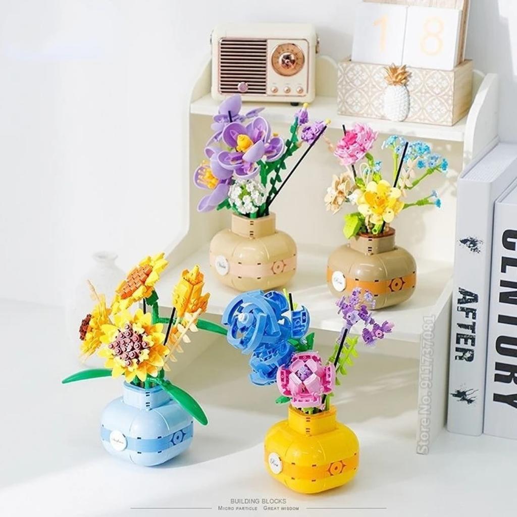 Building Block 3D DIY Eternal Sunflower Bouquet Romantic Rose Plant Potted Decoration Bricks Valentine's Day Girls Friends Gifts