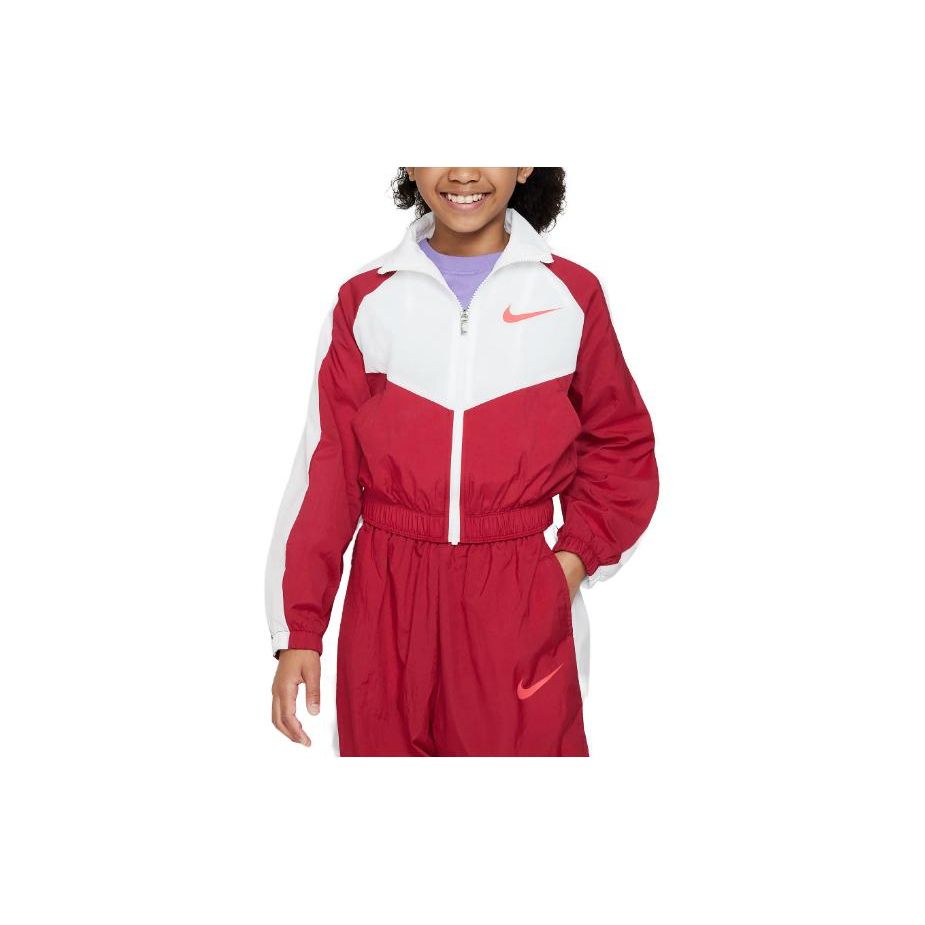 Nike Color Block Logo Print Stand Collar Long Sleeve Jacket Kids jackets Red FB1267-620