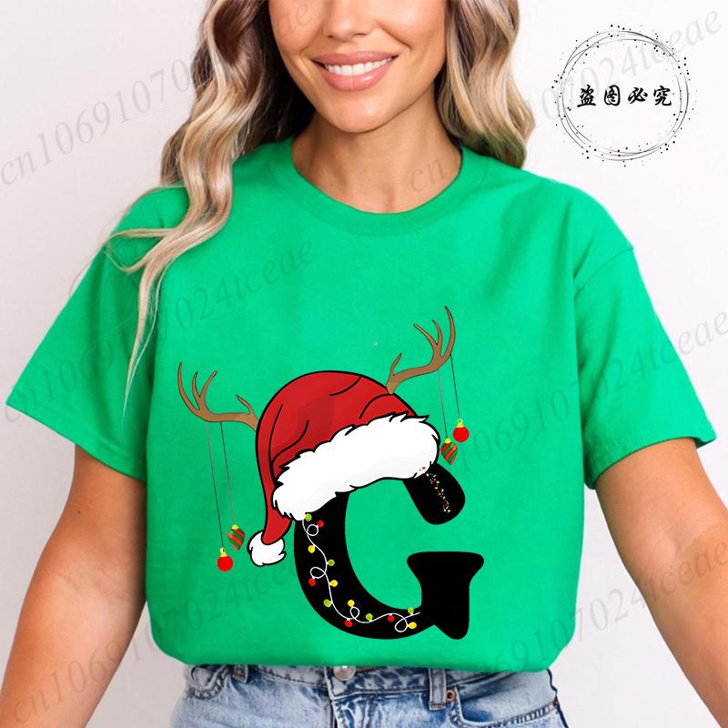Fashion Merry Christmas Gift for Female Clothing Christmas 26 Alphabet Print TShirt for Women Casual Xmas Tees Short Sleeve Top