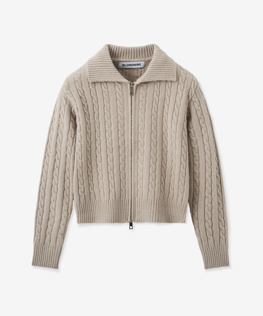 BLOND9 Fluffy Cable Knit Zip-Up_Sand
