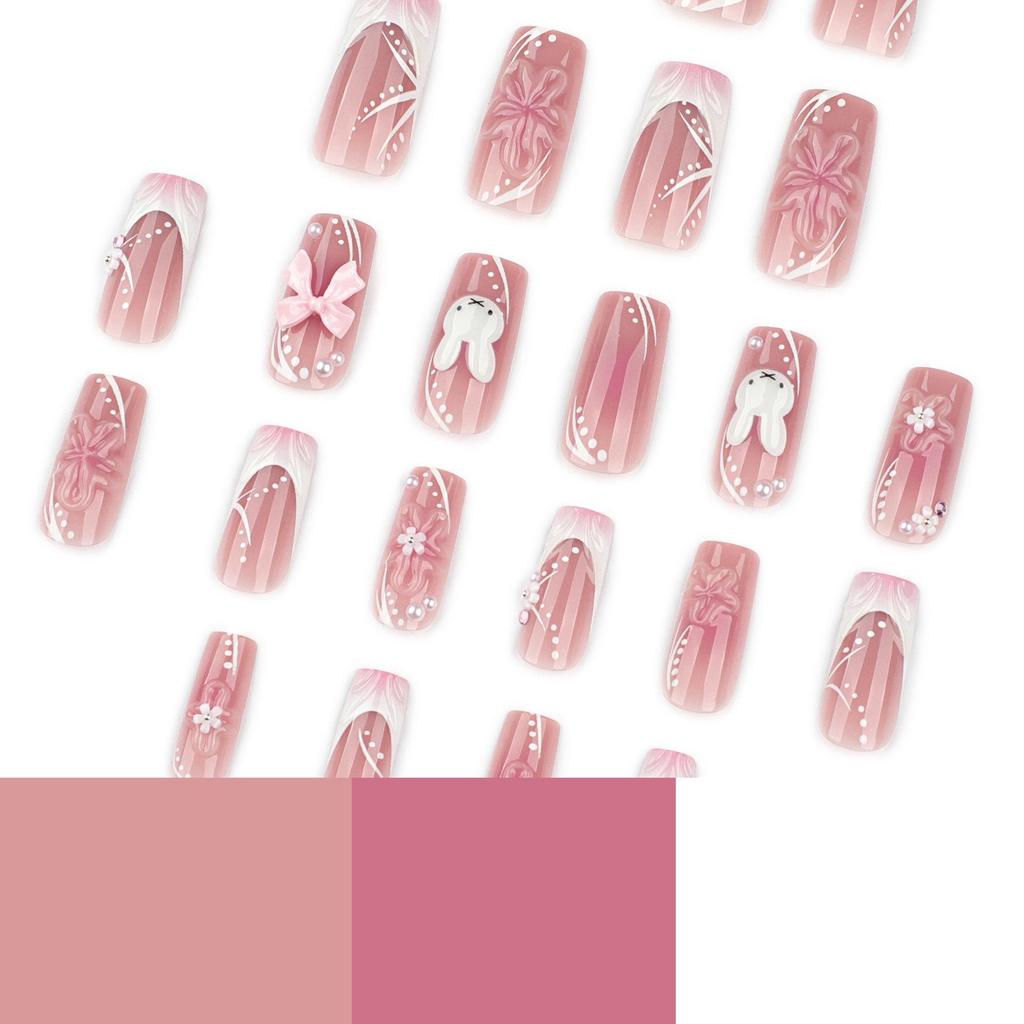 3D цветочные носимые ногти - Милый кролик с бантом, накладной дизайн ногтей.