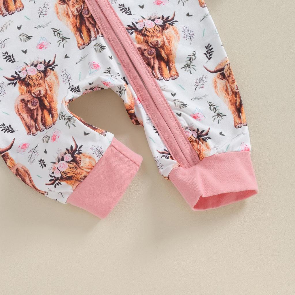 Baby Girls Fall Crewneck Romper 3M 6M 12M Long Sleeve Cattle Print Oblique Zipper Jumpsuit