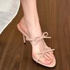 Fashion Bowknot High Heels Sandals Women Square Open Toe Thin Heel Summer Slippers Woman Plus Size Elegant Slip On Black Sandals