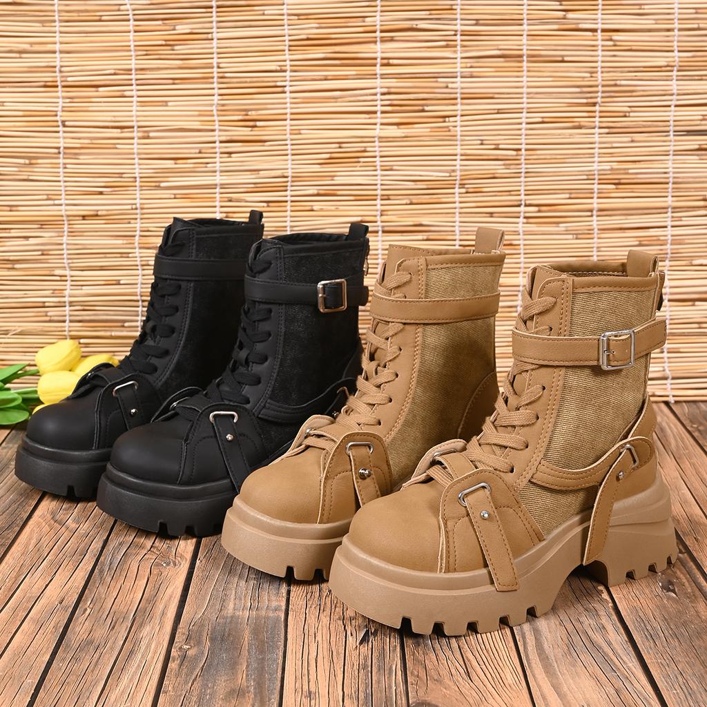Fashion Autumn Winter Women's Gladiator Boot Chunky Heels Leather Punk Platform Shoes Buckle Motorcycle Boots Goth Chelsea Mujer Zapatos