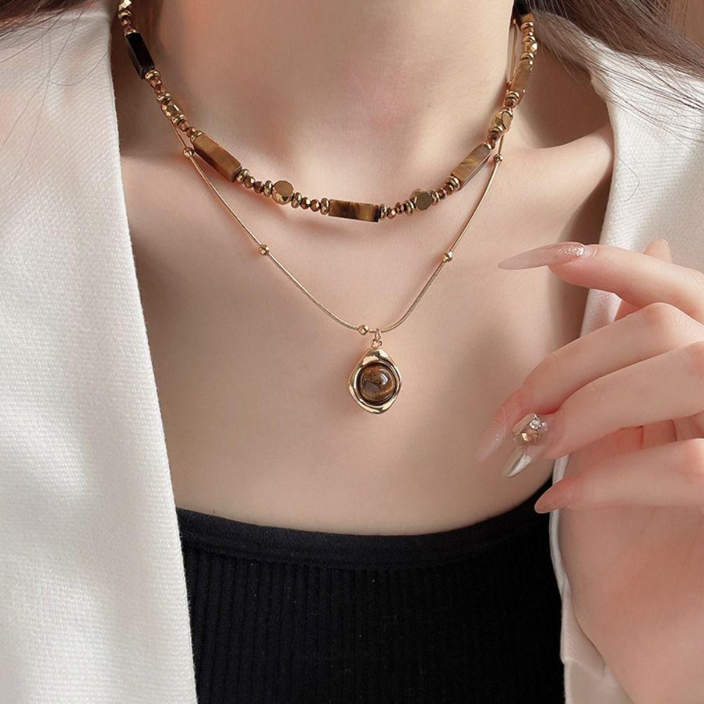 Light Luxury Collarbone Chain Senior Sense Sweater Chain Tiger's Eye Stone Beaded Necklace Winter