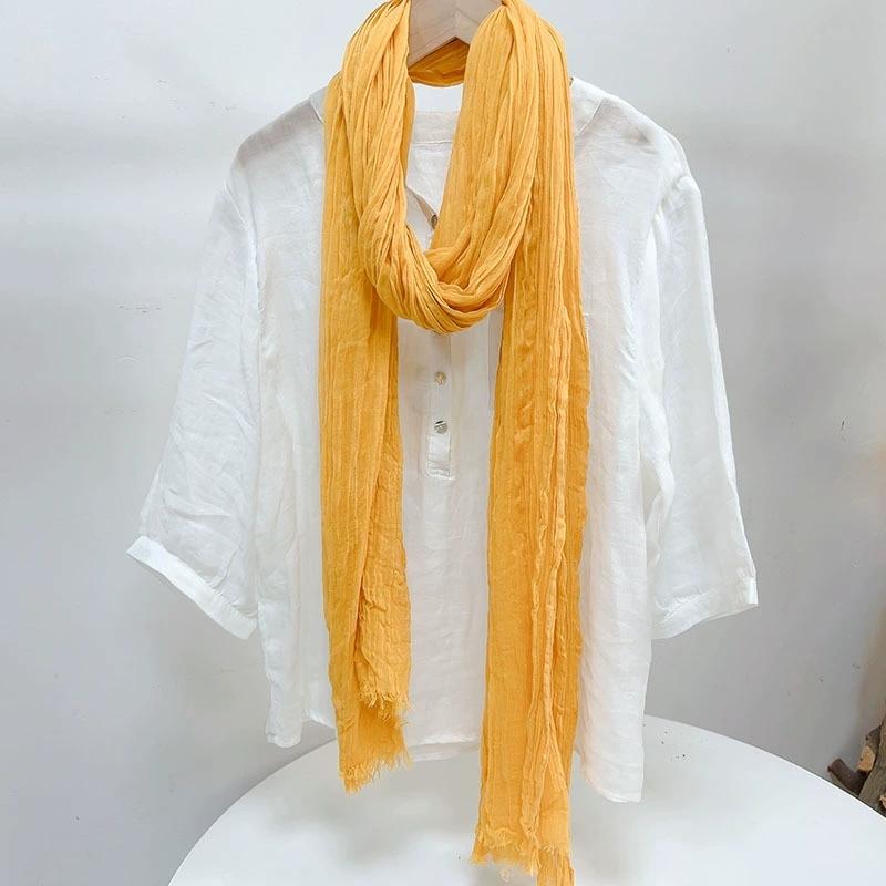 Solid Color Cotton Crinkled Scarf for Women Retro Neck Warmer Decorative Narrow Long Striped Scarf Wrap Shawl for Autumn 220cm