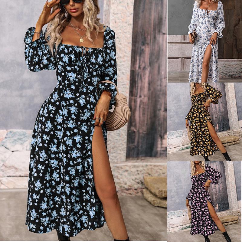 2025 Spring & Autumn European-American Bohemian Backless Print Long Sleeve Dress