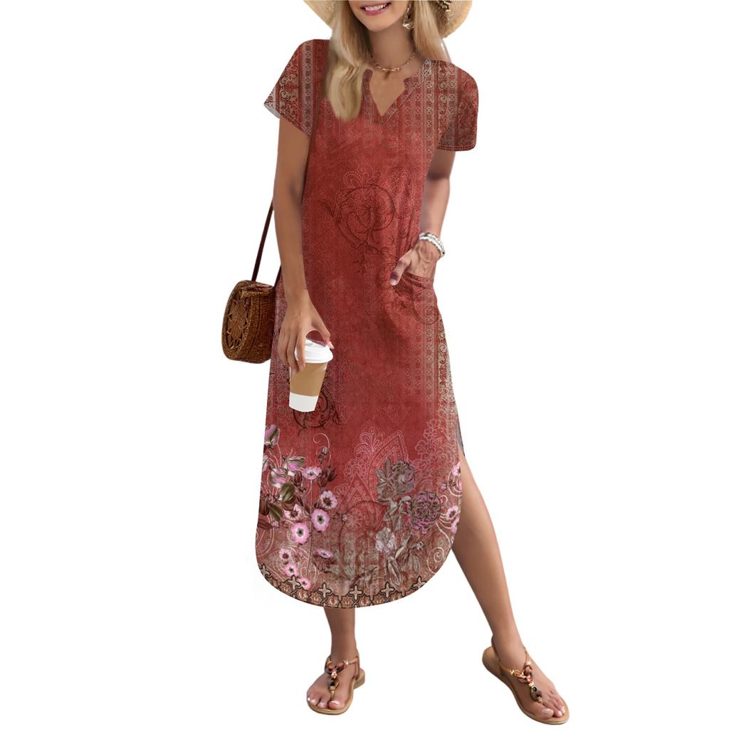 Женское длинное платье-рубашка с V-образным вырезом, повседневное, с коротким рукавом и свободным разрезом