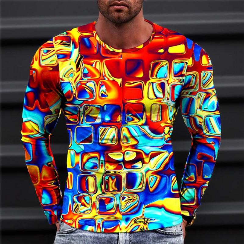 Spring and Autumn Round Neck 3D Colorful Geometric Pattern Printed Top Fashionable Casual Optical Illusion Long Sleeved Men's T-shirts
