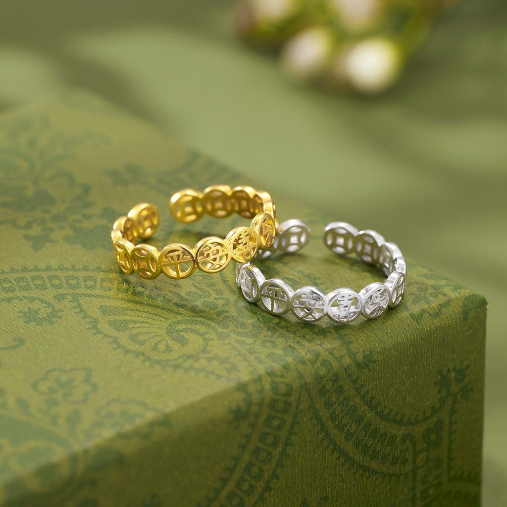 Кольцо из стерлингового серебра S925 пробы с медной монетой «мир и радость», женское ретро, полое, простое, серебряное, медная монета, благоприятное кольцо, ювелирное изделие