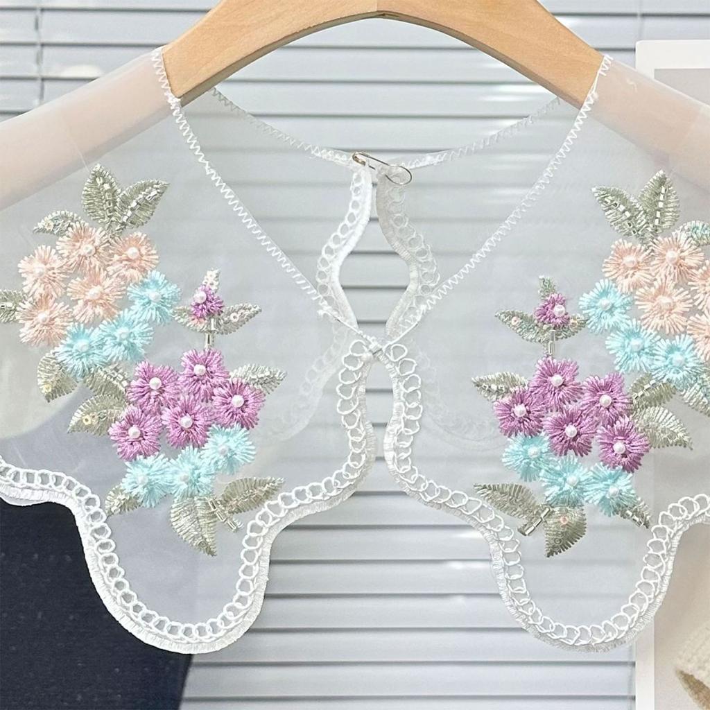 Embroidered Colorful Floral Lace Detachable Faux Collar Shawl Capelet for Women Dress Elegant Fashion Clothing Accessory