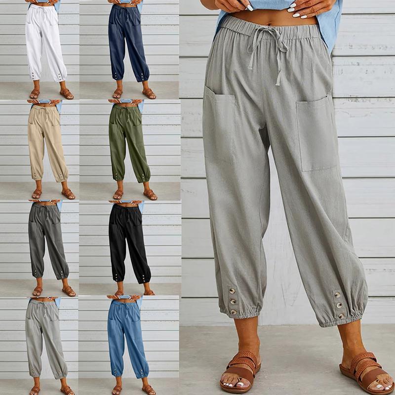Women's Summer Cotton Linen Pants Elastic Waist Oversized Trousers Loose Drawstring Pocket Long Pants