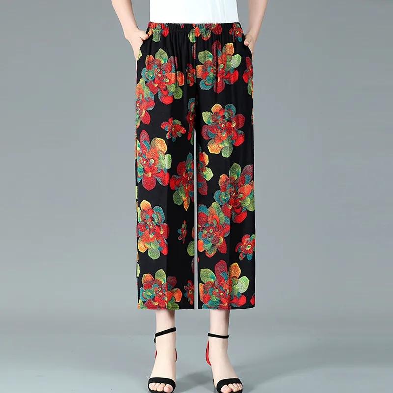 WTEMPO Женские широкие брюки из смеси хлопка и конопли большого размера, тонкие укороченные брюки с высокой талией и эластичным принтом для мамы