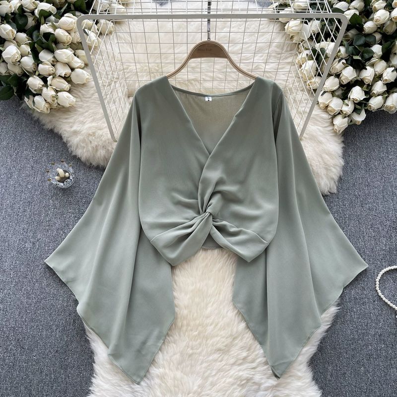 Niche Style V-neck Knot Flared Chiffon Long Sleeves Shirt