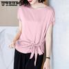 Атласная блузка, женские повседневные топы с короткими рукавами, рубашки, летняя женская тонкая футболка с бантом и короткими рукавами